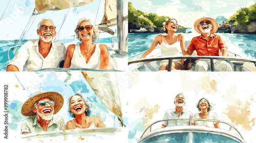 A series of four paintings of couples on a boat. The mood of the paintings is happy and joyful