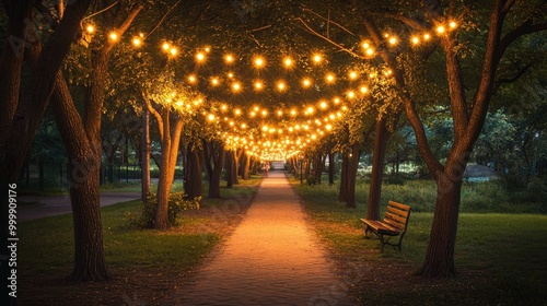 A picturesque park pathway illuminated by fairy lights strung between trees, inviting couples for romantic evening strolls in a beautiful natural setting.