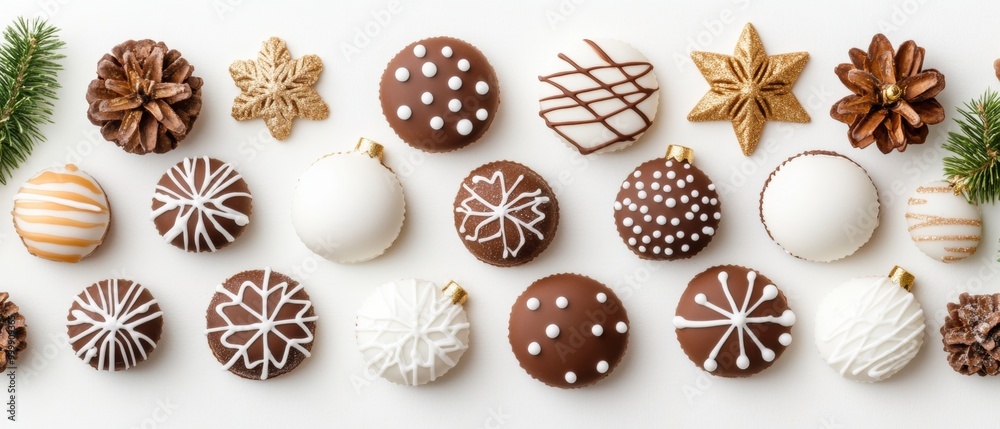 Christmas chocolate cookies decorated with white icing in patterns, arranged with pinecones and ornaments on a light background. Christmas chocolate cookies decorated with white icing in patterns, arranged with pinecones and ornaments on a light background.