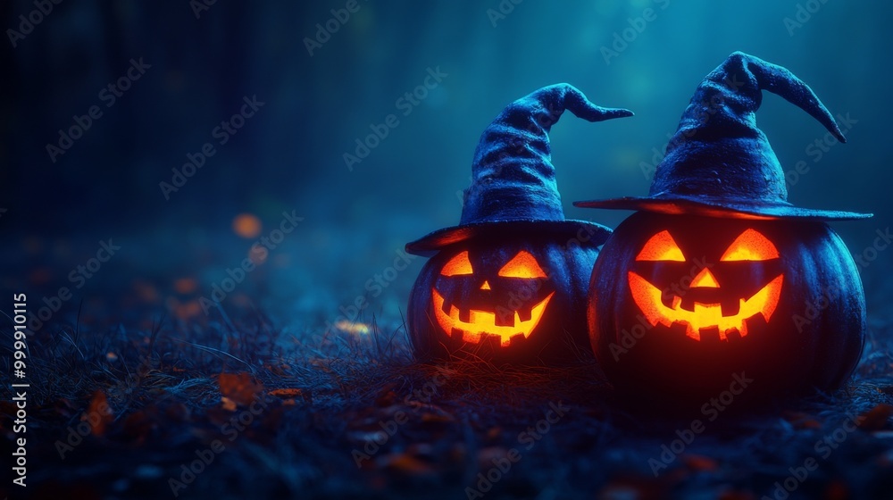 Naklejka premium Glowing Jack-o'-Lanterns with Witch Hats in a Spooky Halloween Forest