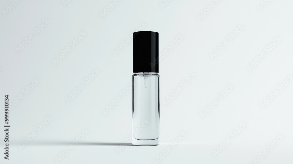 Transparent serum bottle with a matte black lid, focus on the unique bottle shape against white. No people. No logo. Transparent serum bottle with a matte black lid, focus on the unique bottle shape against white. No people. No logo.