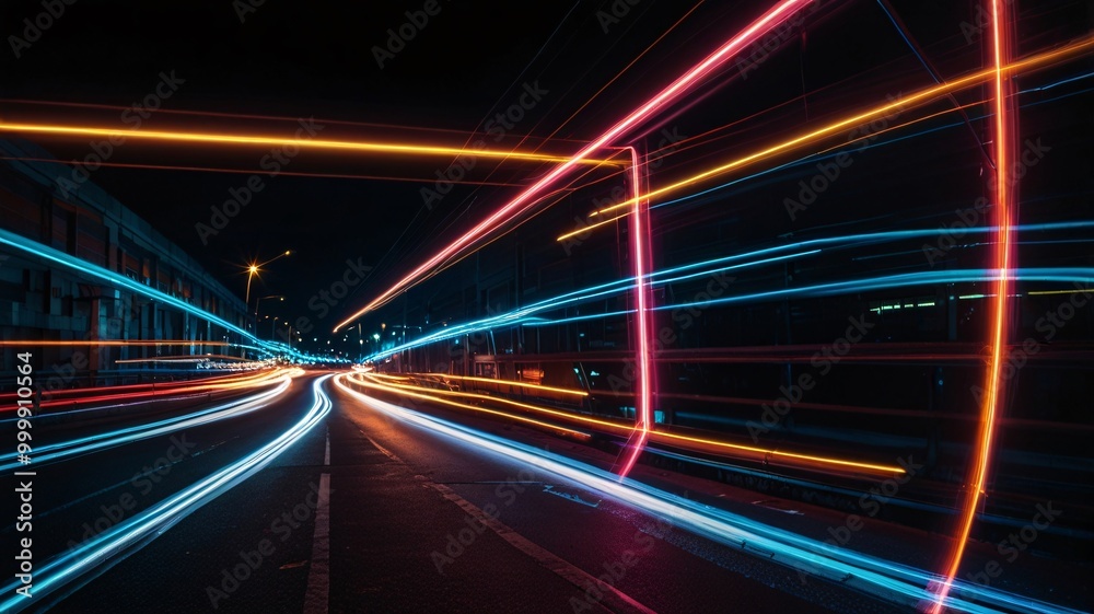 Obraz premium Abstract Neon Light Trails Against a Black Background.