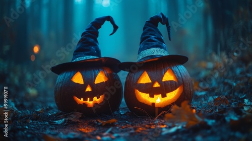 Glowing Jack-o'-Lanterns with Witch Hats in a Spooky Halloween Forest