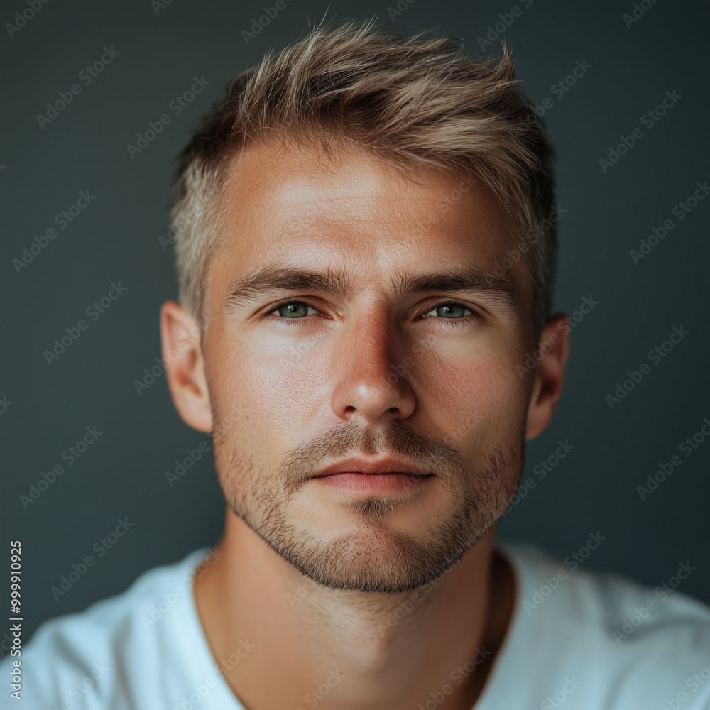 Fototapeta premium man with serious expression posing in casual white t-shirt on grey background