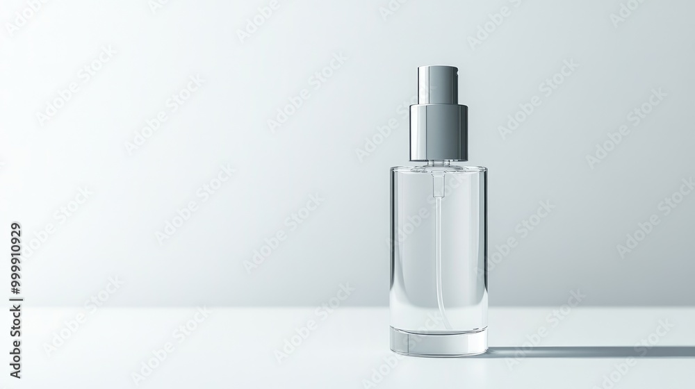 Transparent serum bottle with a silver pump, focus on sleek design against a clean white background. No logo. No people. Transparent serum bottle with a silver pump, focus on sleek design against a clean white background. No logo. No people.