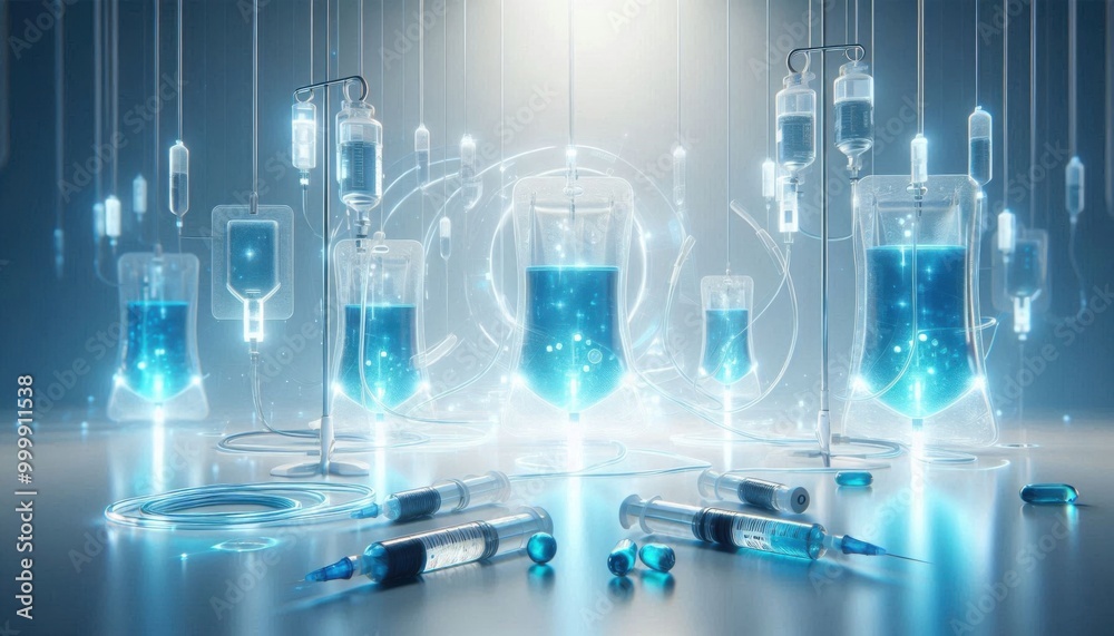A futuristic medical scene with blue liquid inside syringes and IV bags A futuristic medical scene with blue liquid inside syringes and IV bags