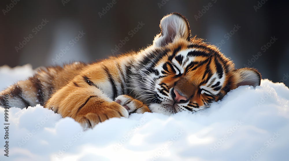 Obraz premium The soft body of a cute baby tiger is resting comfortably in a fluffy snow pile. The cold winter atmosphere surrounds it with snow covering the area