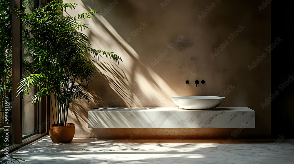 Modern Bathroom Design with a White Vessel Sink and a Plant Modern Bathroom Design with a White Vessel Sink and a Plant