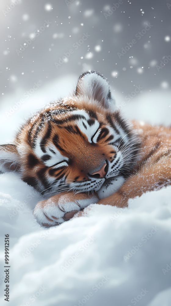The soft body of a cute baby tiger is resting comfortably in a fluffy snow pile. The cold winter atmosphere surrounds it with snow covering the area