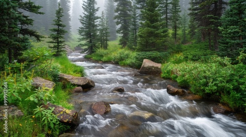Serene River Flowing Through Misty Forest