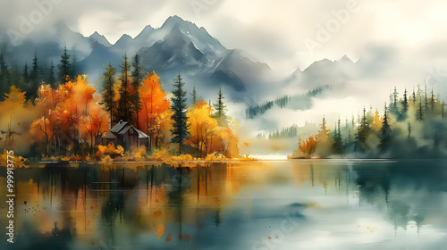 Autumn Cabin by the Lake wi...