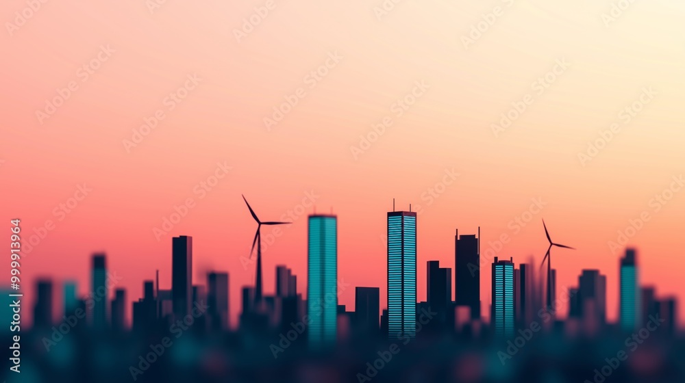 Modern Cityscape with Wind Turbines at Sunset