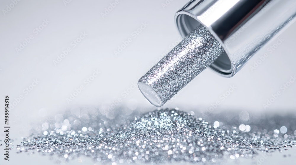 Vibrant silver glitter nail polish flowing from a bottle against a clean white background, capturing every detail. No people. Vibrant silver glitter nail polish flowing from a bottle against a clean white background, capturing every detail. No people.