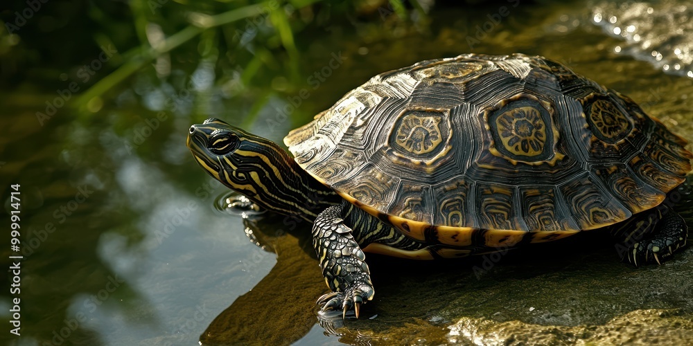 Obraz premium Intricate Patterns on Turtle Shell by Water's Edge