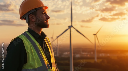 Wind Turbine Engineer in Hard Hat and Safety Vest