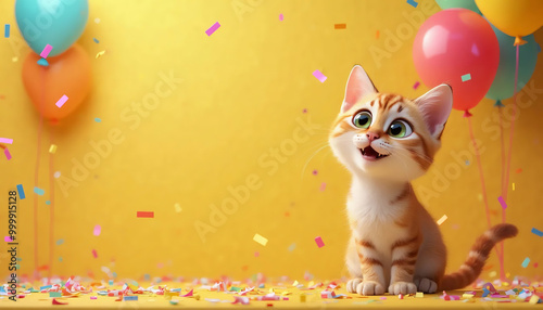 Aniversário. Adorável gatinho com olhos grandes, cercado por balões coloridos e confetes, em um ambiente festivo e alegre. Festa de aniversário. Convite. photo