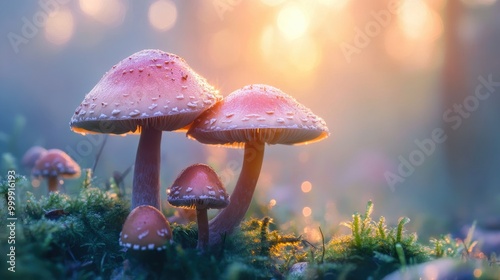 Wallpaper Mural A serene scene of mushrooms growing in the early morning fog, with dew glistening on their caps, creating an enchanting and mystical atmosphere in nature. Torontodigital.ca