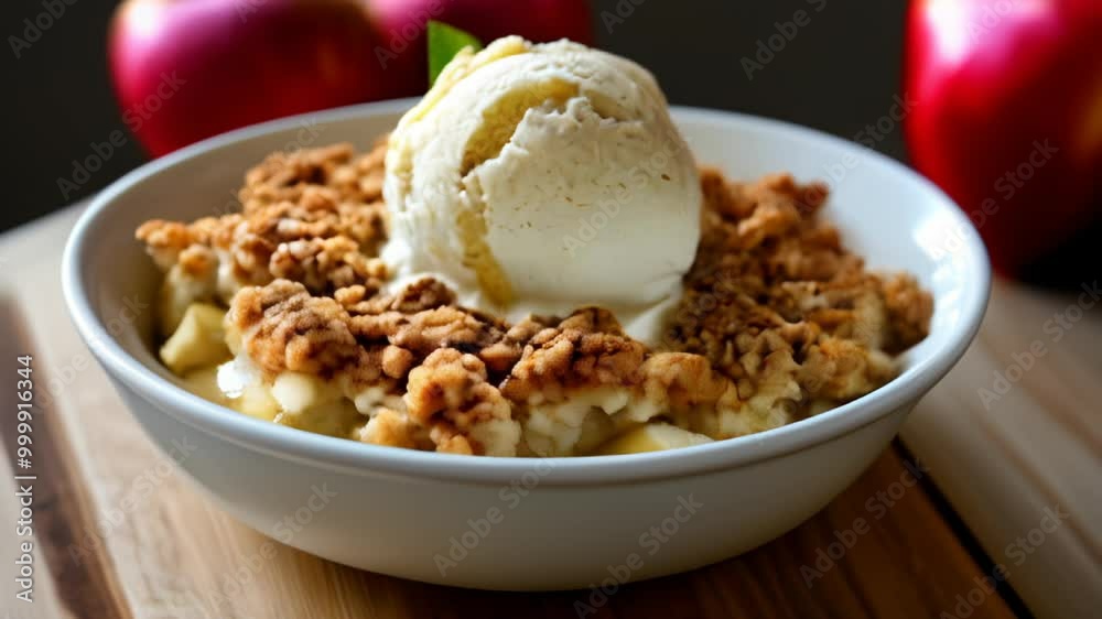 Delicious apple crisp with a scoop of vanilla ice cream Delicious apple crisp with a scoop of vanilla ice cream