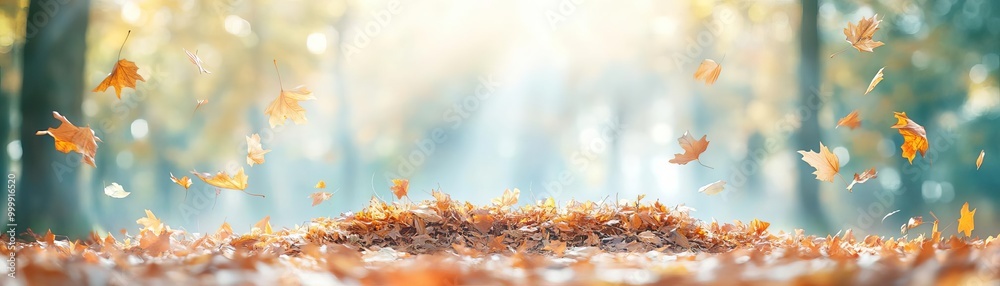 A peaceful woodland scene in autumn, with a large pile of fallen leaves at the base of the trees the warm hues and open space offer a perfect spot for text A peaceful woodland scene in autumn, with a large pile of fallen leaves at the base of the trees the warm hues and open space offer a perfect spot for text