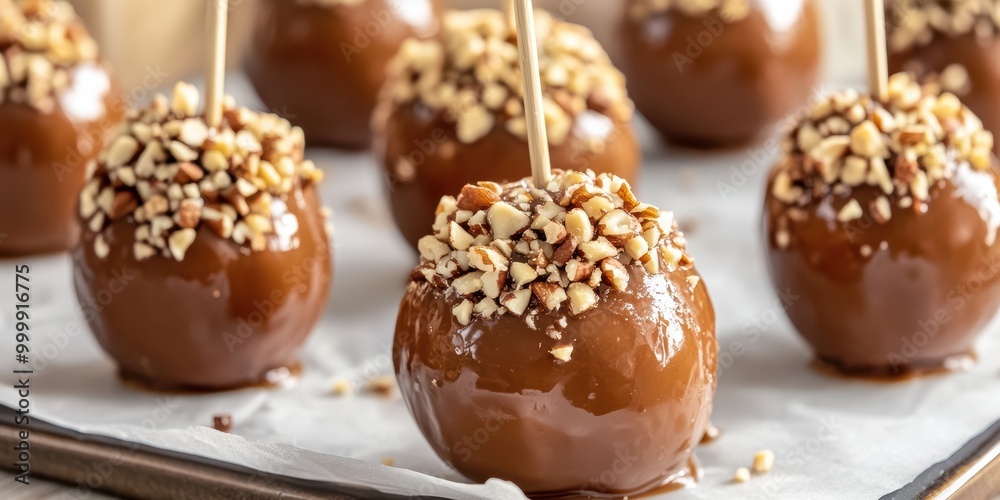 Glossy Caramel Coated Apples with Nuts on Tray Glossy Caramel Coated Apples with Nuts on Tray