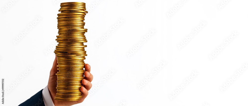 Hand holding a tall stack of golden coins against a white background. Hand holding a tall stack of golden coins against a white background.