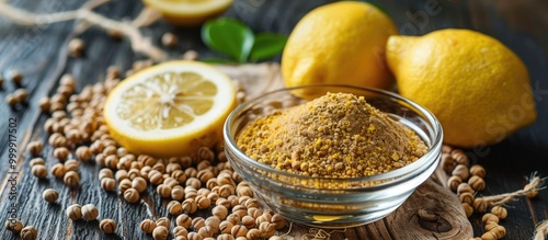 Famous Natural Method For Dandruff On Wooden Surface In A Glass Bowl Consisting Of Fenugreek Seeds Powder Well Mixed With Lemon Juice With Raw Lemons And Fenugreek Seeds On The Present On The Surfa photo