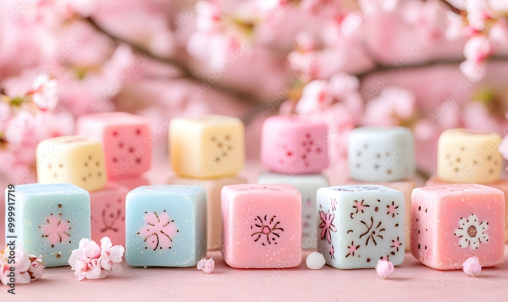 Vibrant Soap Blocks with Floral Accents, a display of colorful handcrafted soaps adorned with delicate floral patterns, inviting and artistic presentation Vibrant Soap Blocks with Floral Accents, a display of colorful handcrafted soaps adorned with delicate floral patterns, inviting and artistic presentation
