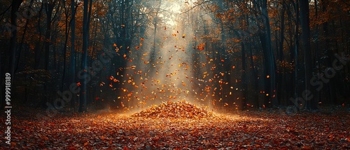 A serene autumn day in the woods, with leaves gently falling into a large pile the rich colors and open space offer a peaceful setting for text