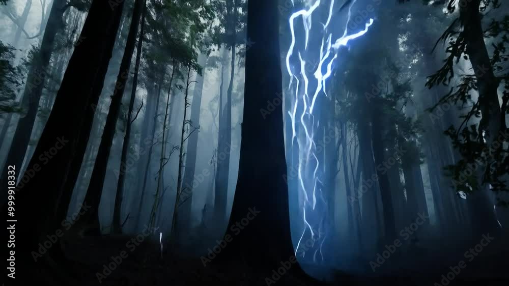 A glowing blue streak of light emanates from a thick tree trunk in a dark forest.
