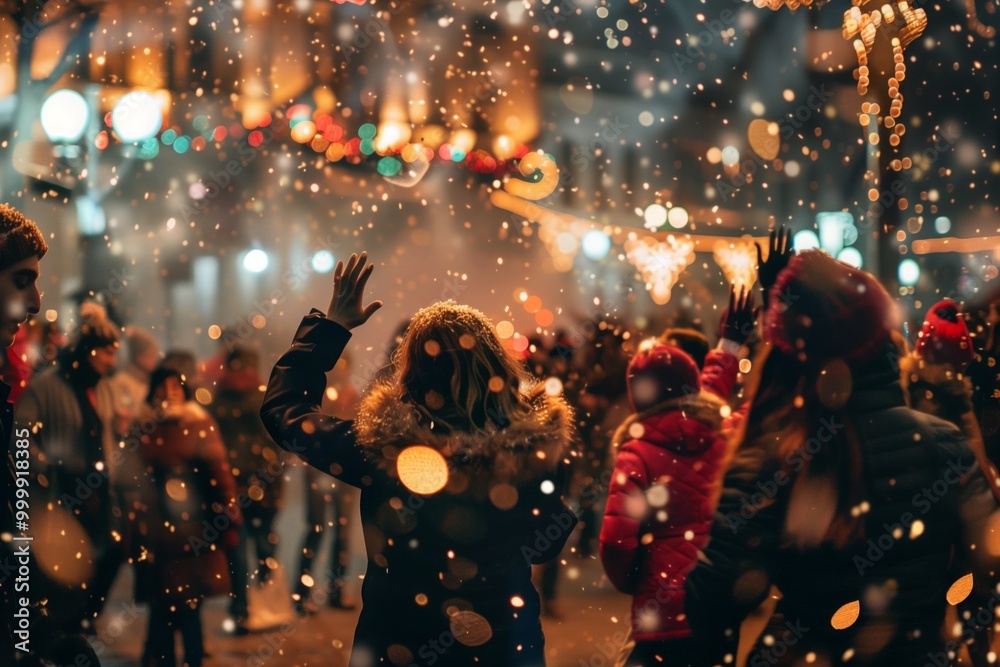 Obraz premium A happy girl dances on Christmas night. Everything sparkles and shines