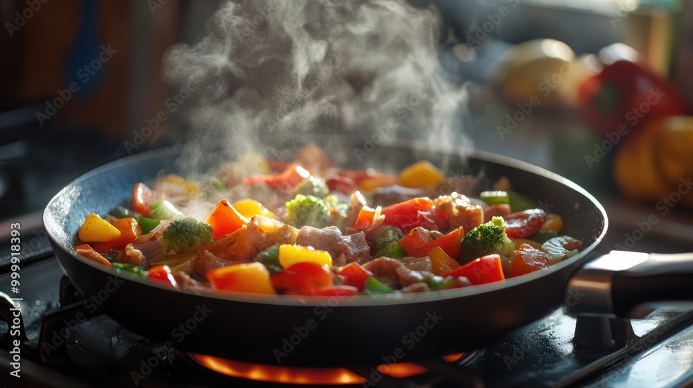 A sizzling hot skillet on a stovetop, filled with colorful vegetables and meat, steam rising into the air, showcasing the art of cooking and the joy of preparing meals.
