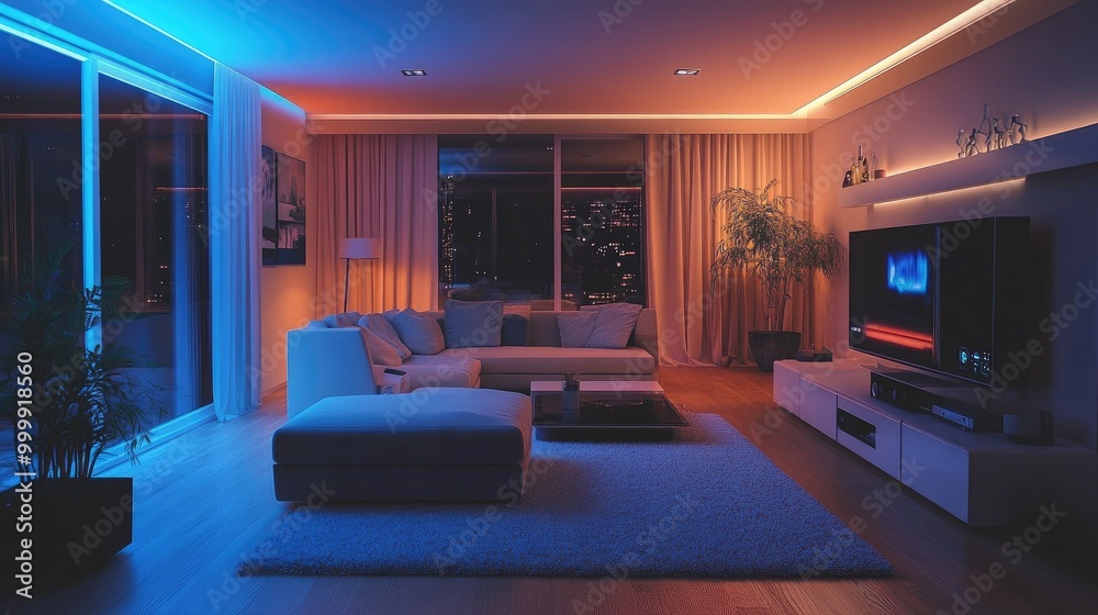 A sleek, futuristic living room with high-tech gadgets, smart lighting, and modern furniture, blending comfort with cutting-edge design. A sleek, futuristic living room with high-tech gadgets, smart lighting, and modern furniture, blending comfort with cutting-edge design.