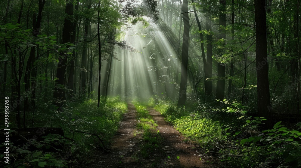 Naklejka premium Sunbeams Illuminating a Forest Path
