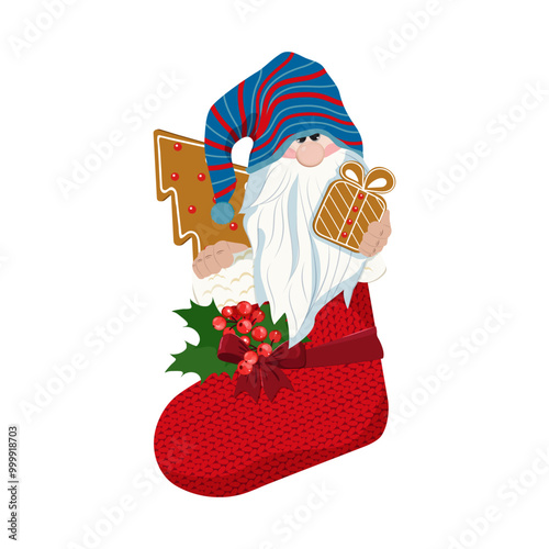 Christmas stocking with dwarf and gingerbread in Scandinavian style isolated on white background Hand-knitting Red and white festive Christmas ornament Vector illustration
