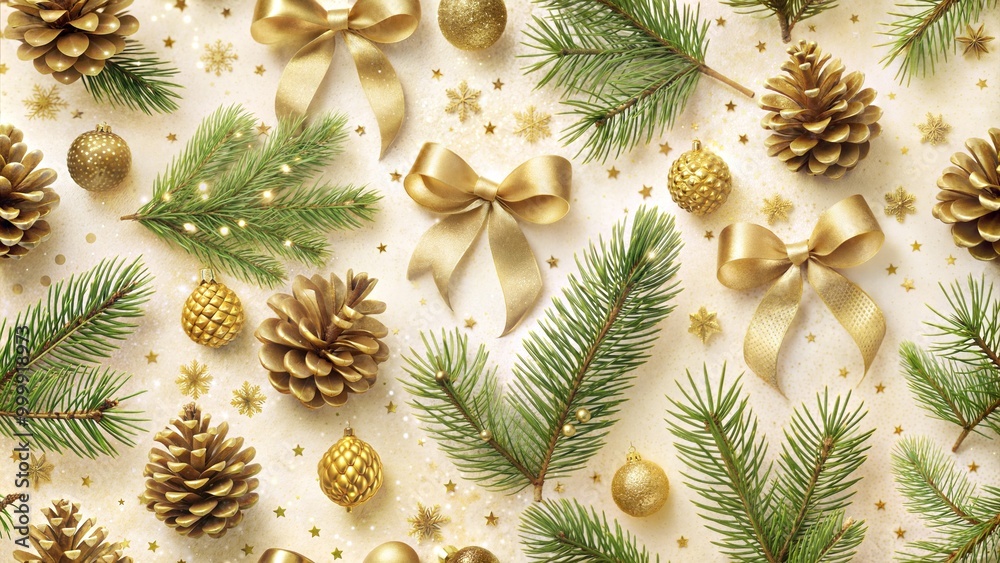 Christmas decorations with golden elements, pine cones, and green branches on festive background Christmas decorations with golden elements, pine cones, and green branches on festive background