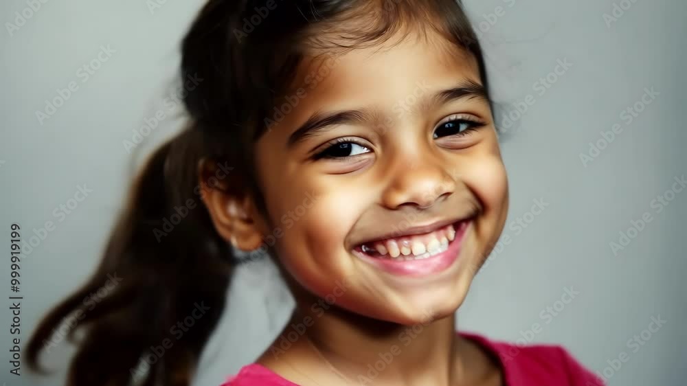 Joyful smiling child with ponytail in vibrant red top Joyful smiling child with ponytail in vibrant red top