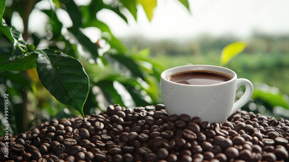 Aromatic Roasted Coffee Beans with Steaming Cup on Lush Foliage Background Aromatic Roasted Coffee Beans with Steaming Cup on Lush Foliage Background