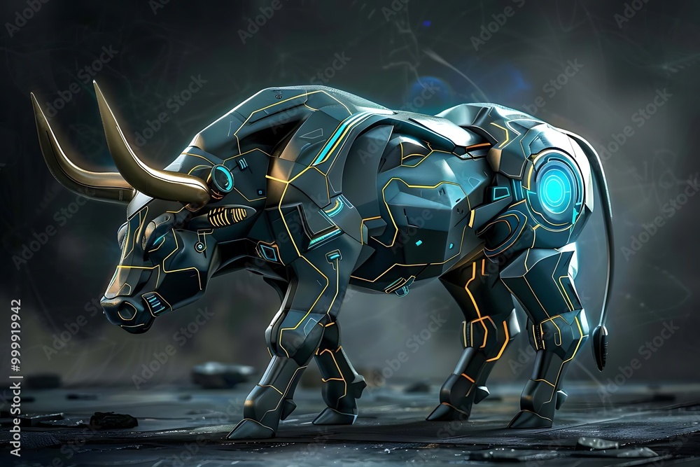 Futuristic robotic bull with sleek design and glowing elements. Futuristic robotic bull with sleek design and glowing elements.