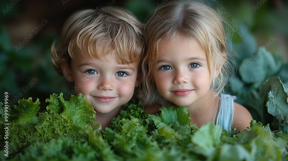portrait of two small children in vegetable garden sustainable lifestyle portrait of two small children in vegetable garden sustainable lifestyle