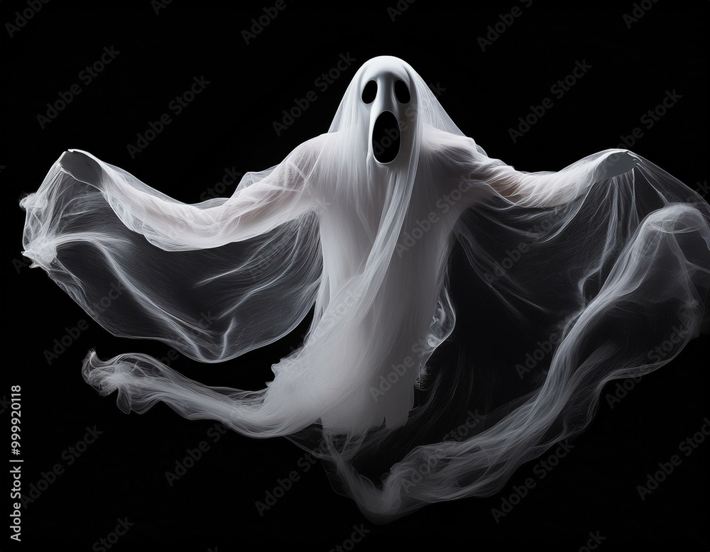 Floating white Ghost on black background, Halloween concept Floating white Ghost on black background, Halloween concept
