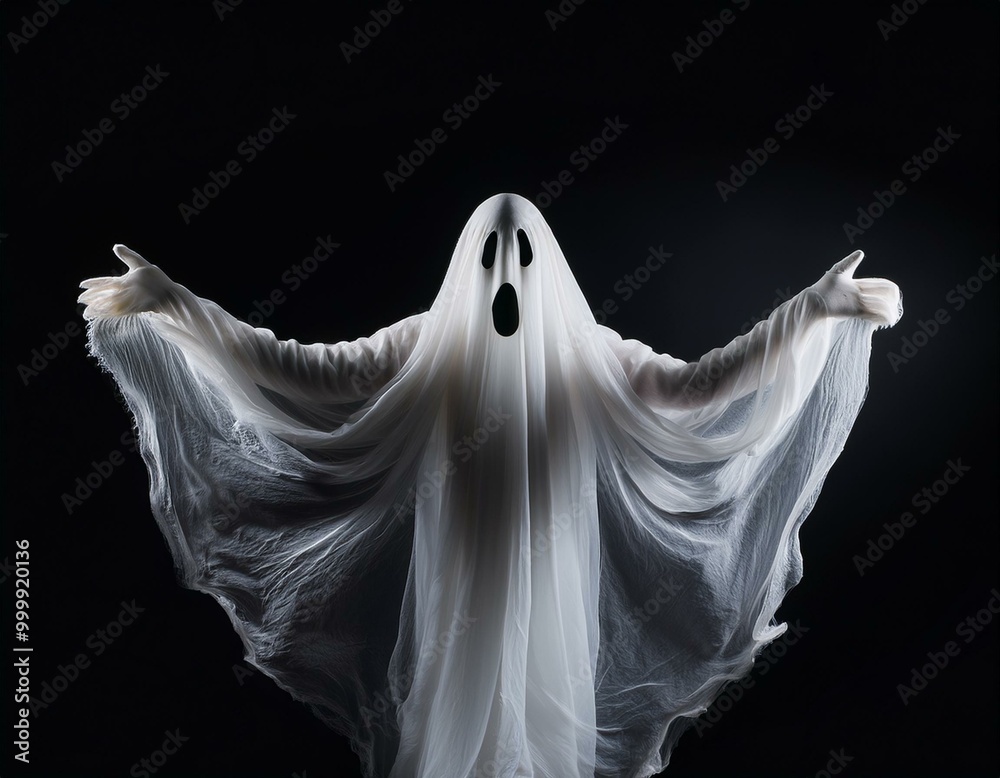 Floating white Ghost on black background, Halloween concept Floating white Ghost on black background, Halloween concept