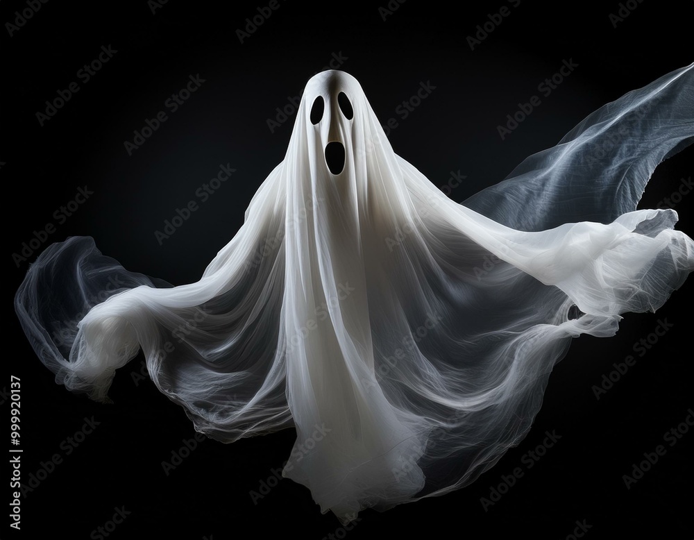 Floating white Ghost on black background, Halloween concept