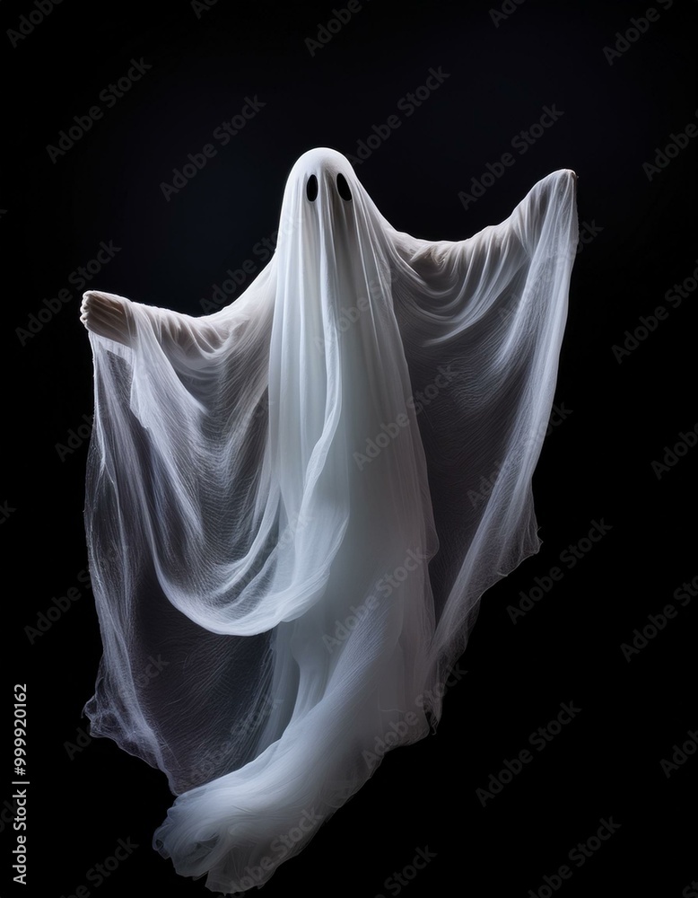 Floating white Ghost on black background, Halloween concept