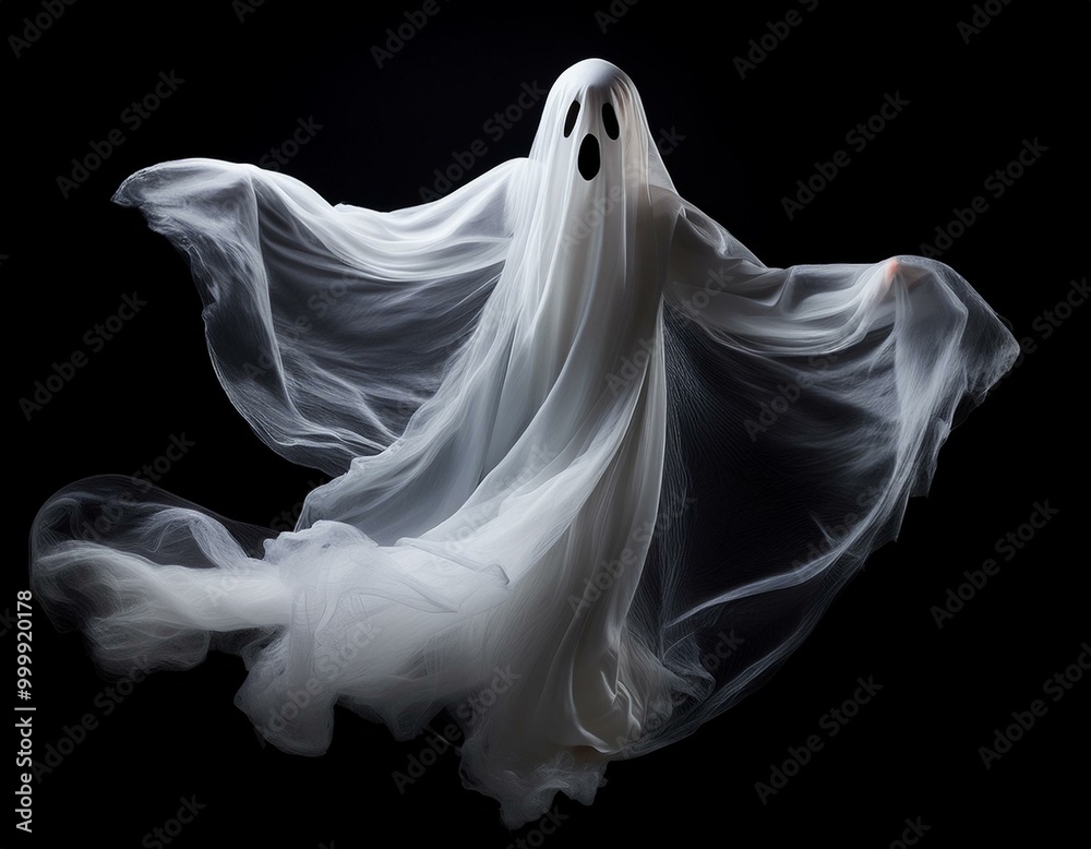 Floating white Ghost on black background, Halloween concept Floating white Ghost on black background, Halloween concept