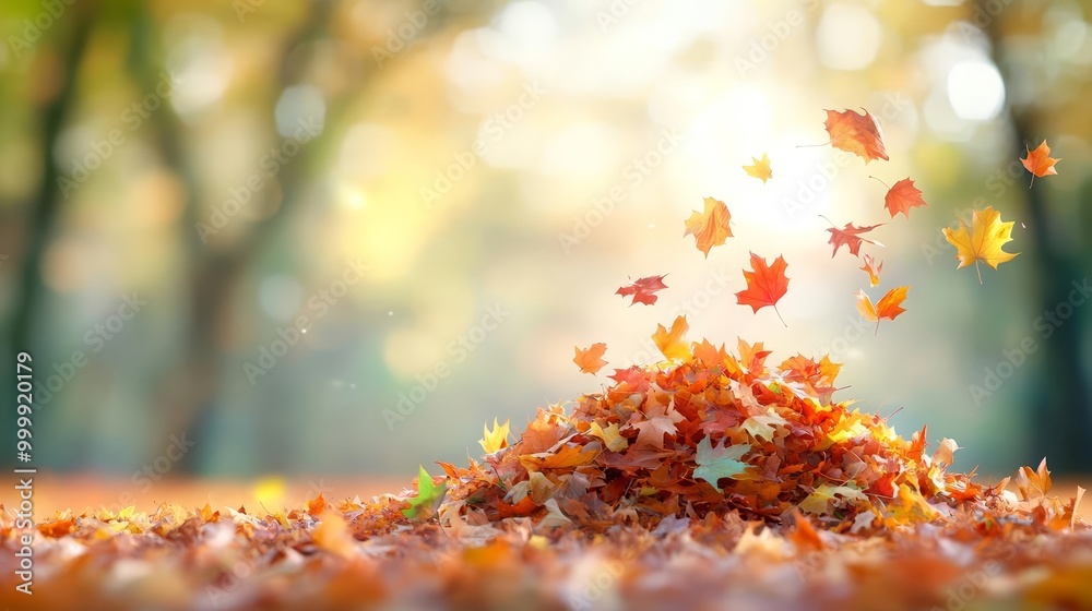 Fototapeta premium A tranquil wilderness scene in autumn, with a pile of colorful leaves at the center the vibrant fall colors and the open woods create a serene space for text