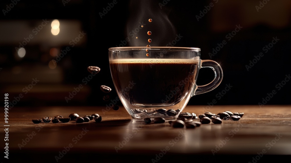 Fototapeta premium Freshly Brewed Espresso in a Glass Cup on a Wooden Table with Coffee Beans