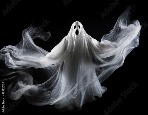 Floating white Ghost on black background, Halloween concept