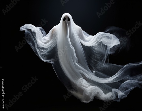 Floating white Ghost on black background, Halloween concept