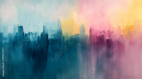 Abstract Cityscape Painting in Blue, Yellow, and Pink Hues