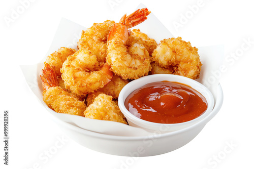 Crispy fried shrimp served with tangy dipping sauce on a white isolated background.